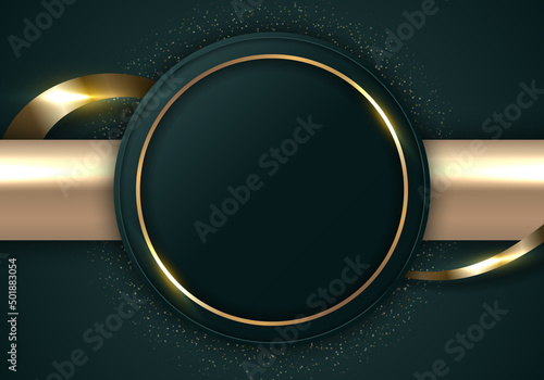 Abstract modern luxury dark green circle shape and golden ring with gold glitter ribbon lines on dark background