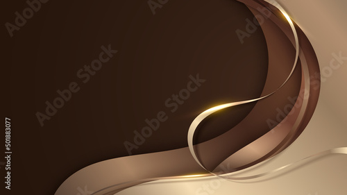Abstract 3D modern luxury banner design template golden wave paper cut with gold ribbon lines on brown background