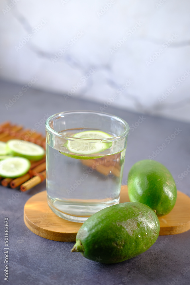 Refreshing lemon water drink on table , top view Refreshing lemon water drink on table , top view