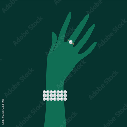 A female hand in a bejeweled bracelet of pearls on dark background. Jewellery concept. Decorative element for invitations, banners, cards. Vector illustration EPS10