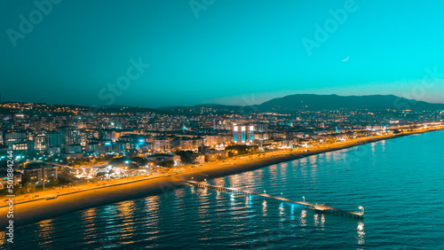 City and beach view taken with drone from Atakum district of Samsun in the evening. Atakum night scene and sunset "Atakum Sahili Samsun"