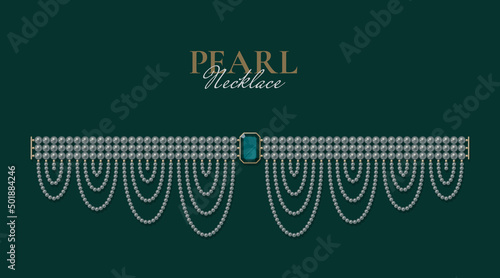 Bejeweled necklace of pearls on dark background. Jewellery concept. Decorative element for invitations, banners, cards. Vector illustration EPS10