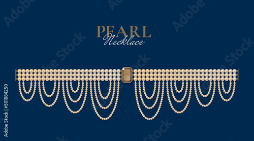 Bejeweled necklace of pearls on dark background. Jewellery concept. Decorative element for invitations, banners, cards. Vector illustration EPS10