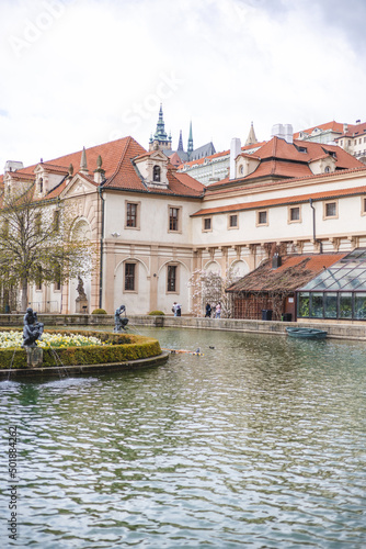 fointain amid pond and palace buildings - Waldstein Garden, Mala Strana, Prague, Czech Republik
