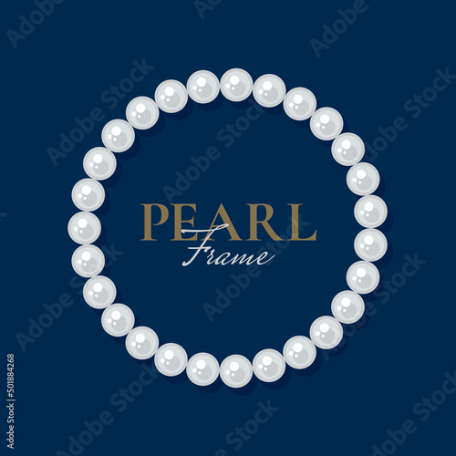 Round pearl frame on dark background. Bracelet of white pearls. Decorative element for wedding invitations, banners, cards. Vector illustration EPS10