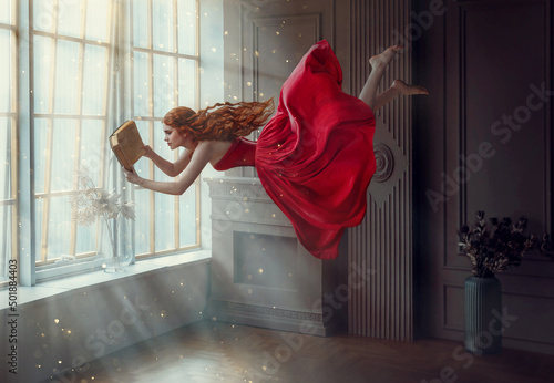Canvastavla Fantasy redhead woman soars floats flies in air