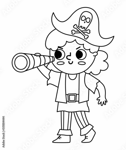 Vector black and white pirate girl icon. Cute female sea captain line illustration. Treasure island outline hunter with cocked hat and spyglass. Funny pirate party element or coloring page for kids.