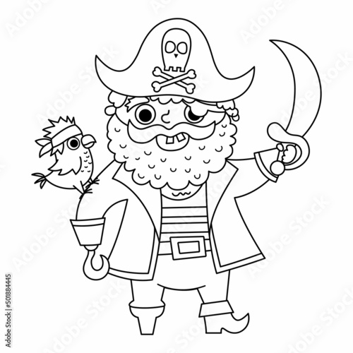 Vector black and white pirate icon. Cute line sea captain illustration. Treasure island hunter with beard, parrot, sward, cocked hat. Funny outline pirate party element or coloring page for kids.