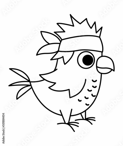 Vector black and white pirate parrot icon. Cute line sea bird illustration. Treasure island hunter in bandana. Funny pirate party element for kids. Tropic animal picture or coloring page.