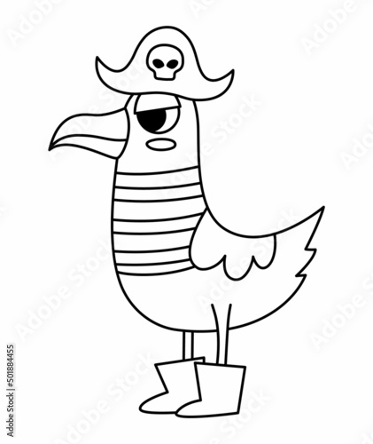 Vector black and white pirate seagull icon. Cute line sea bird illustration. Treasure island hunter in stripy shirt, cocked hat. Funny outline pirate party element for kids. Sea gull coloring page.