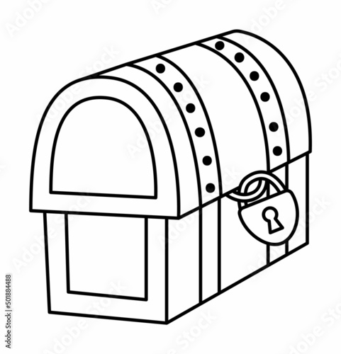 Black and white treasure chest icon. Pirate wooden coffer with jewelry and lock. Treasure island line element or coloring page isolated on white background. Old closed wood box picture.