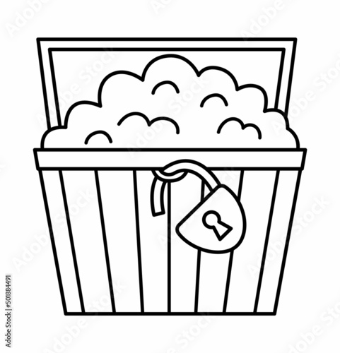 Black and white treasure chest icon. Pirate wooden coffer with jewelry and lock. Treasure island line element or coloring page isolated on white background. Old closed wood box picture.