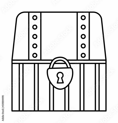 Black and white treasure chest icon. Pirate wooden coffer with jewelry and lock. Treasure island line element or coloring page isolated on white background. Old closed wood box picture.
