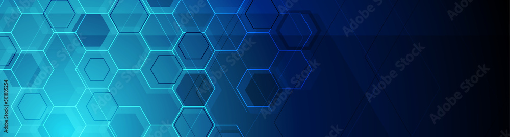 Bright blue abstract tech hexagonal geometrical background. Vector banner design