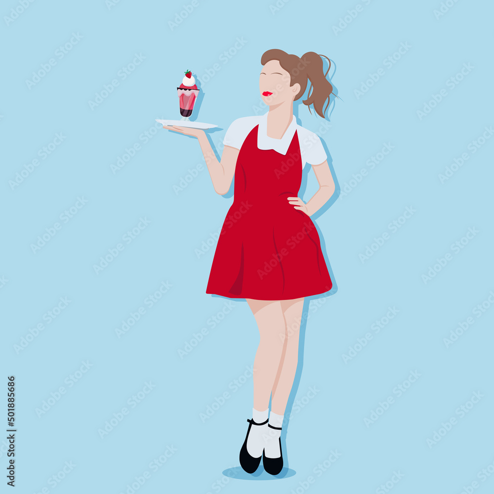 waitress in a red dress and with a tray waitress in a red dress and with a tray