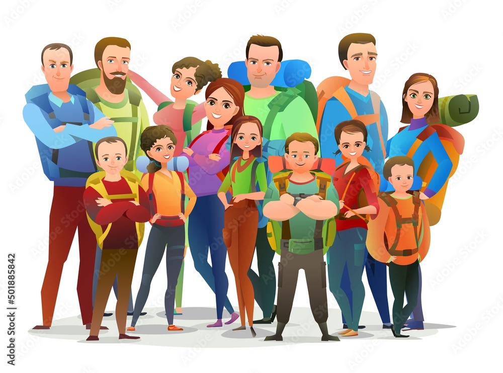 Man, women and child tourist backpacker. Backpack on his back. Cheerful person. Standing pose. Cartoon comic style flat design. Single character. Illustration isolated. Vector