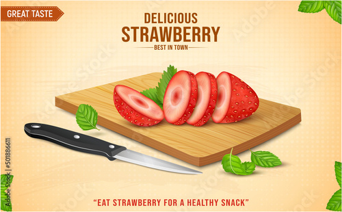 Fresh and delicious Strawberry Slices vector illustration on brown background with wooden chopping board