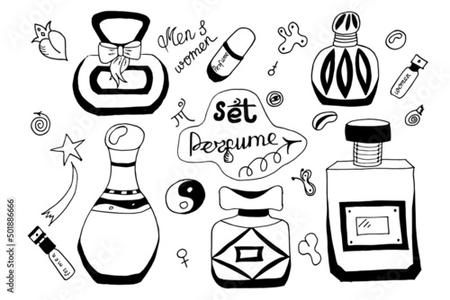 Set of perfume doodle freehand drawing. Vector illustration