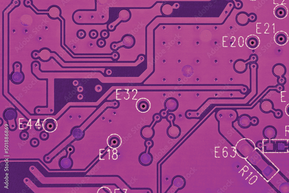 Hard drive HDD printed wiring board PWB closeup. Conductive patterns. Dark pink PC background. Purple red tinted computer wallpaper. Science and digital technologies. Strong macro Hard drive HDD printed wiring board PWB closeup. Conductive patterns. Dark pink PC background. Purple red tinted computer wallpaper. Science and digital technologies. Strong macro