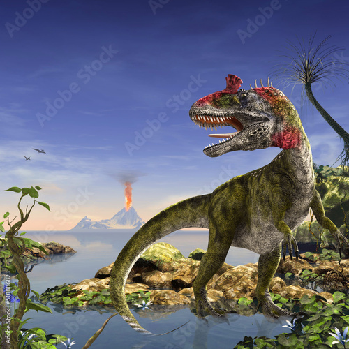 Cryolophosaurus dinosaur standing in shallow water