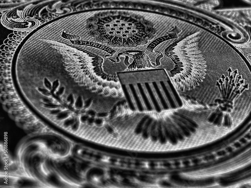 US dollar. Fragment of banknote. Reverse of bill with the Great Seal. The bald eagle is the national symbol. Black and white inverted illustration. American treasury and treasuries. Economy of the USA