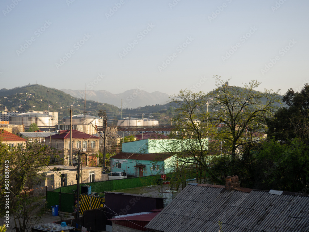 View of the southern city with mountains. Beautiful cityscape. Small town.