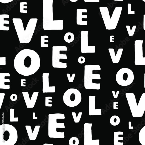 Seamless repeatable pattern with random sized letters of word love. White letters on black background.