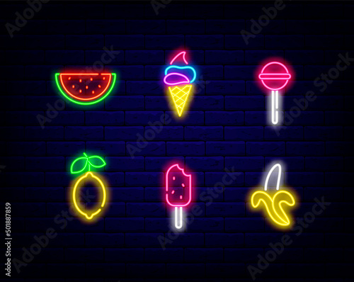 Fruits and sweets neon icons collection. Ice cream and lollipop. Lemon, banana and watermelon. Vector illustration