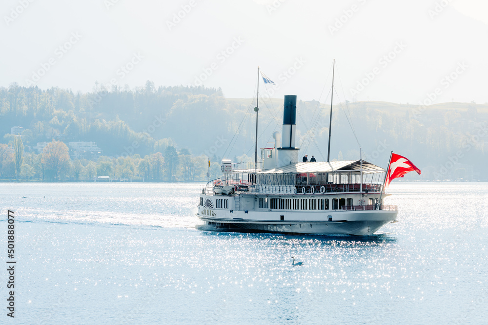 steamship Uri in Lake Lucerne in spring - obrazy, fototapety, plakaty 