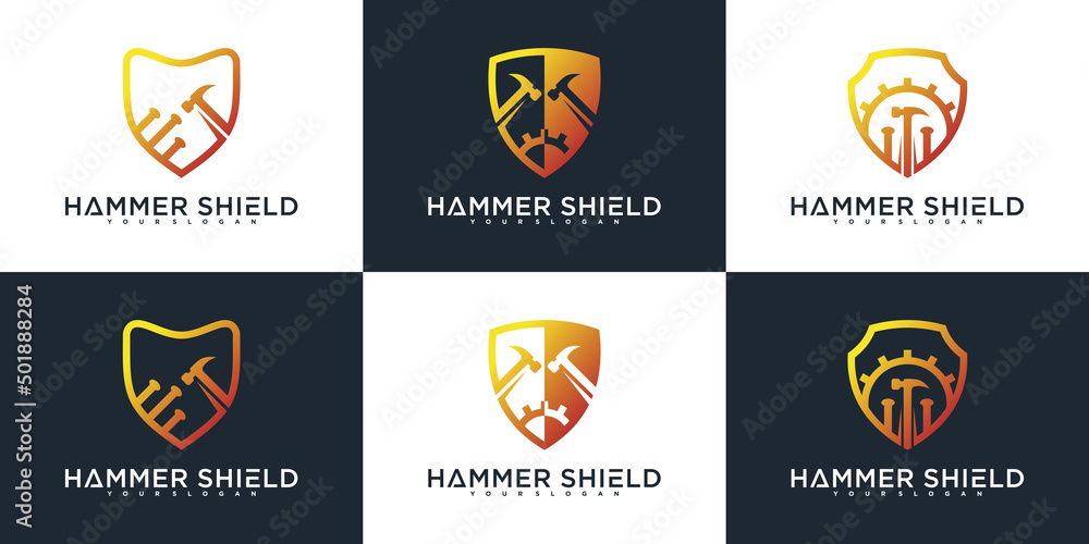 Set of creative hammer shield logo design template Premium Vector