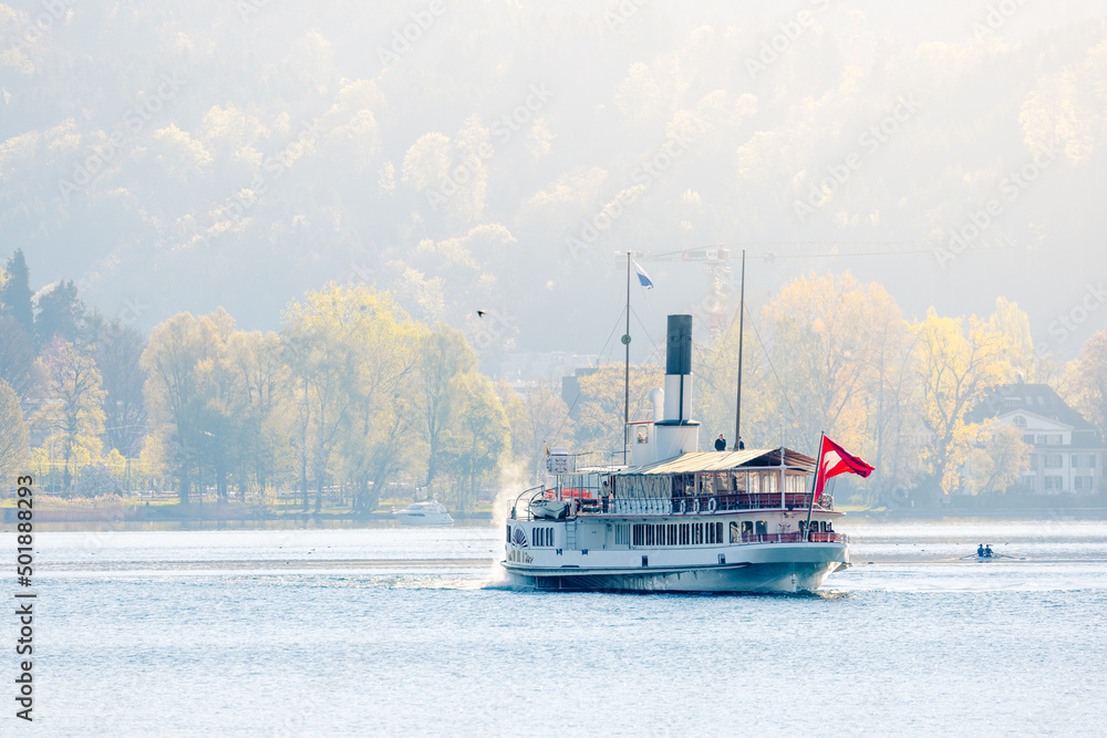 steamship Uri in Lake Lucerne in spring - obrazy, fototapety, plakaty 