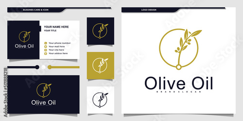 Minimalist olive tree and oil logo design with creative line art style and business cards Premium Vector