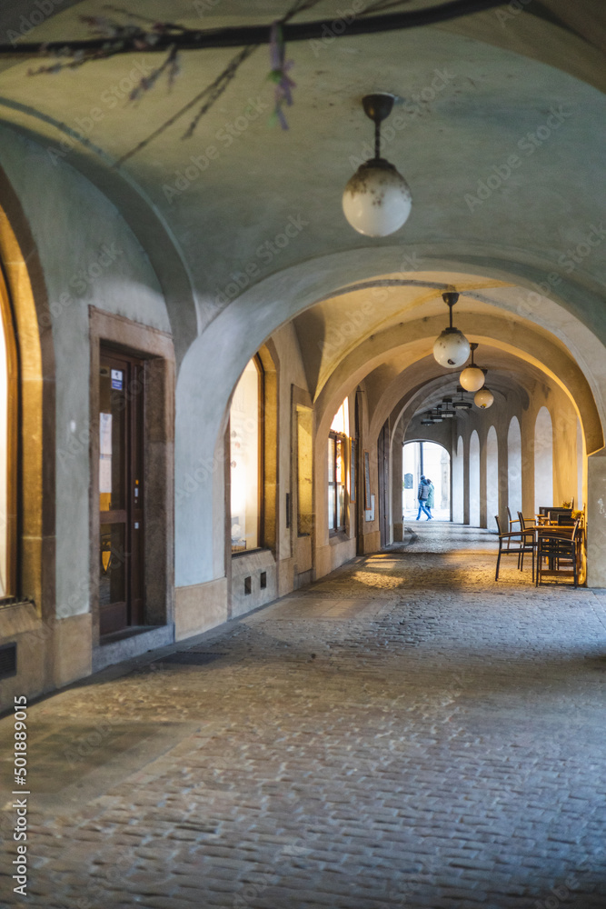 view of arcades in Old Town Square, Prague, Czech Republik