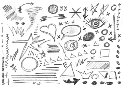 Set hand drawn different shapes and symbols isolated on white