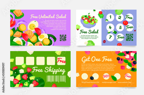 Collection salad loyalty card with barcode for get free or sale discount vector illustration