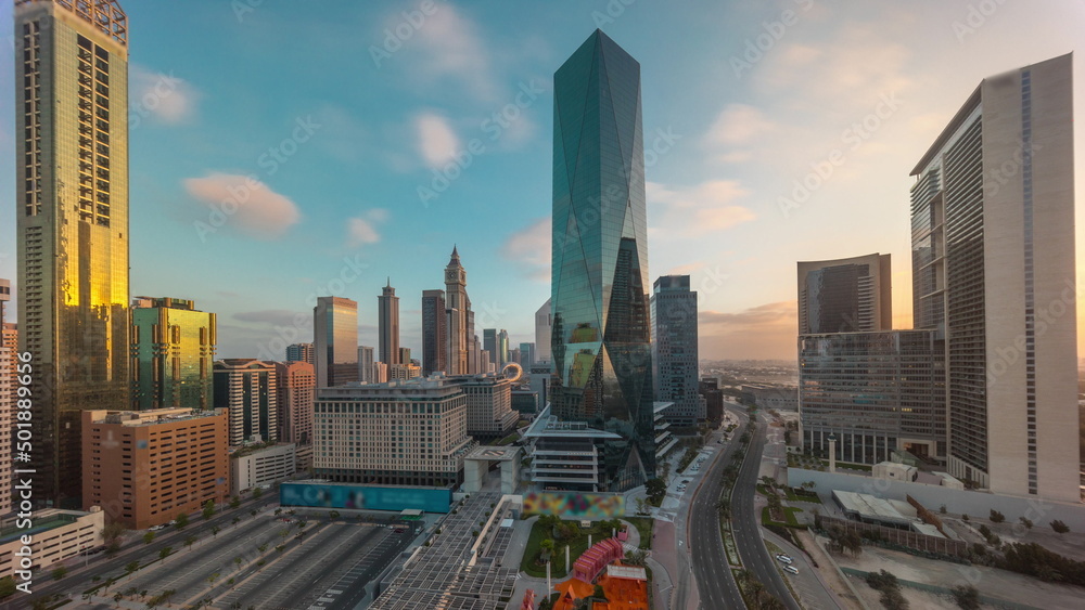 Dubai International Financial district aerial timelapse. Panoramic view of business and financial office towers.