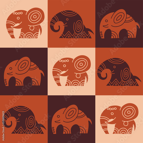 Dark brown flat seamless vector texture with squared elephants