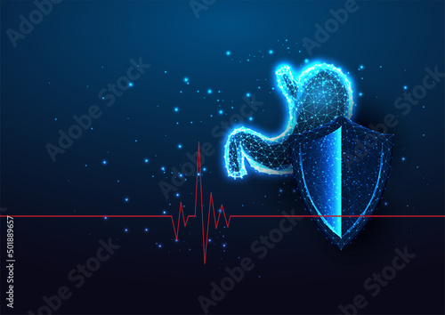 Futuristic stomach protection, health care concept with glowing low polygonal stomach and shied