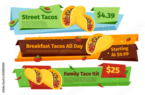 Collection street tacos sale discount horizontal banner place for text isometric vector illustration