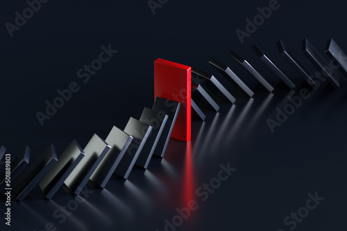 Row of Falling Domino Stones Stopped by Red Domino Stone Over Black Background, Risk Management, Intervene or Prevention Concept, 3d Rendering photo