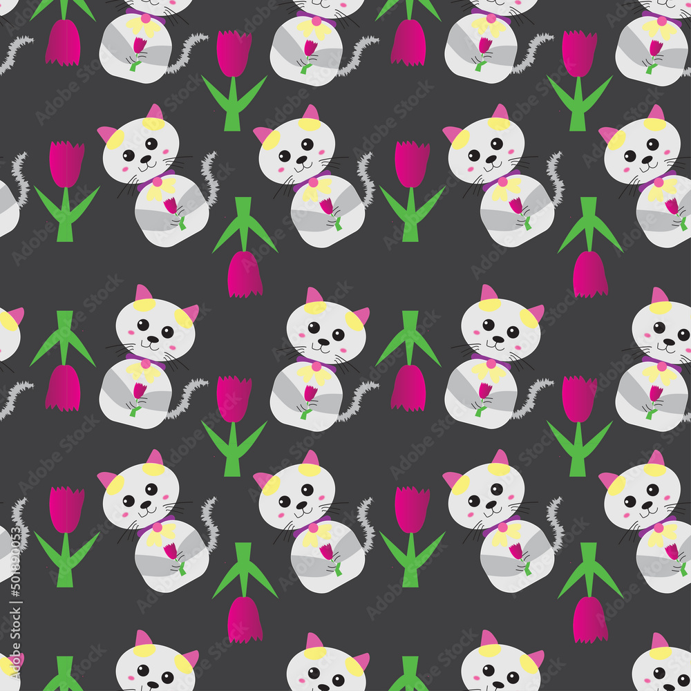 Seamless pattern with cute little cat