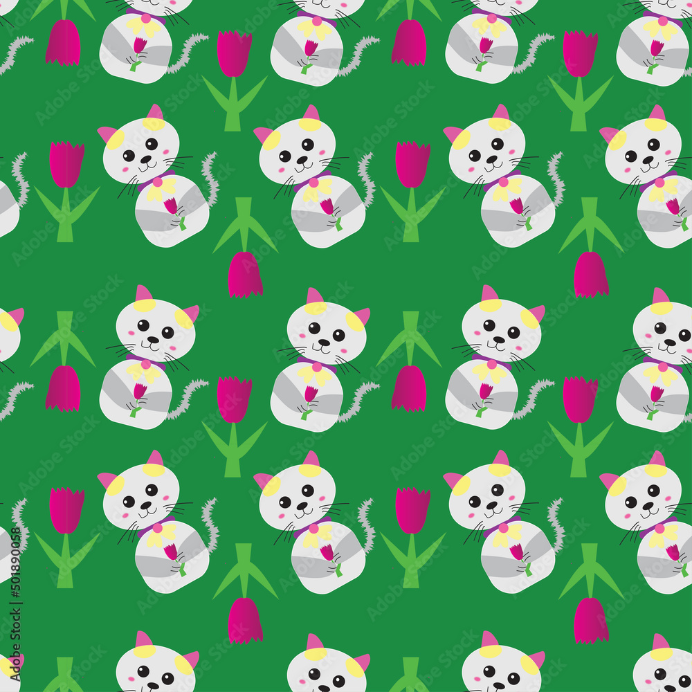 Fototapeta premium Seamless pattern with cute little cat