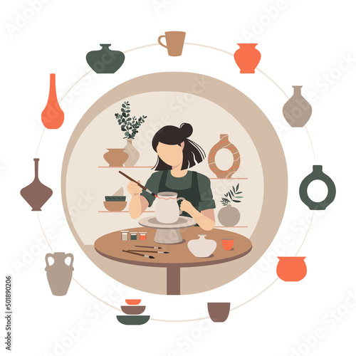 Potter girl. A woman sculpts a clay vase behind a potter's wheel.