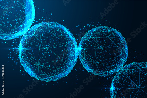 Leinwand Poster Futuristic glowing connected spheres web banner on dark blue background, line low polygonal style