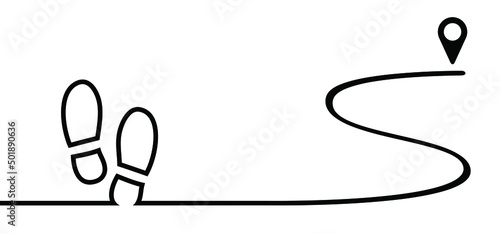 Footpath walking, trail route with shoe. Pin location logo. Pointer or point trekking route Vector footprint logo. Footsteps silhouette pictogram or icon. track, foot steps symbol.  