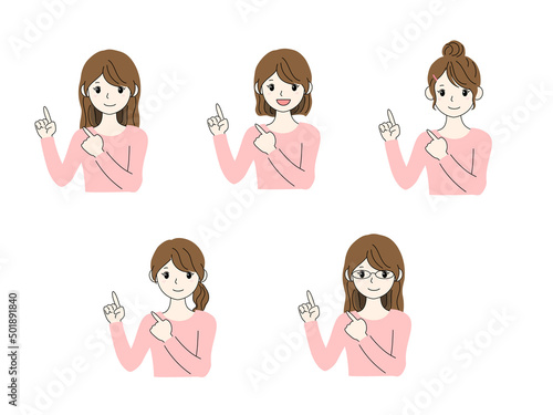 笑顔で指差しをしている女性のイラストセット