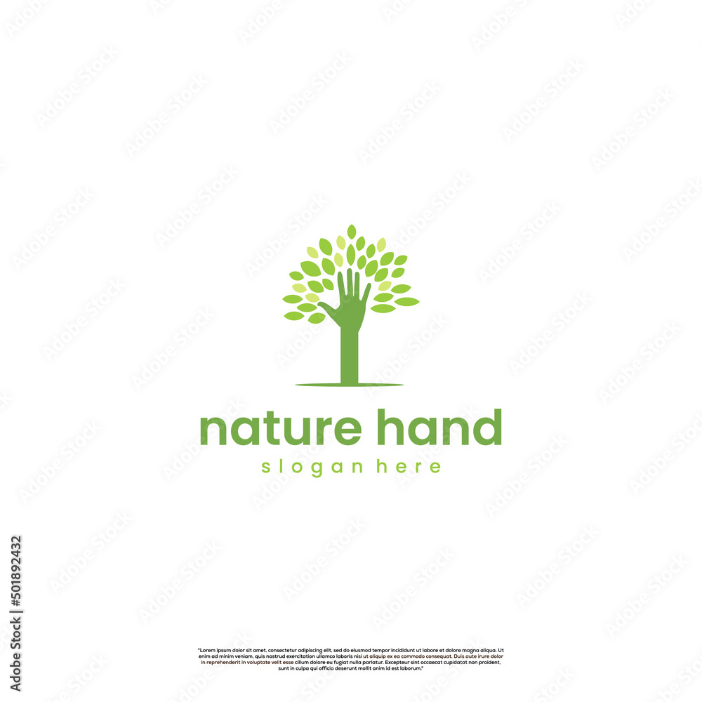 hand with leaf logo design illustration, natural hand logo design modern concept