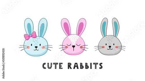 Cute rabbit faces with text. Little bunnies in cartoon style. Vector illustration.