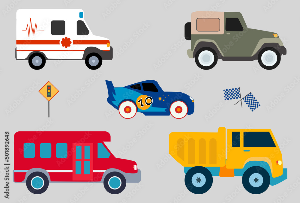 Side view of five cars, suv, ambulance, school bus, supercar and truck cute illustration