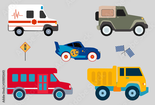 Side view of five cars, suv, ambulance, school bus, supercar and truck cute illustration
